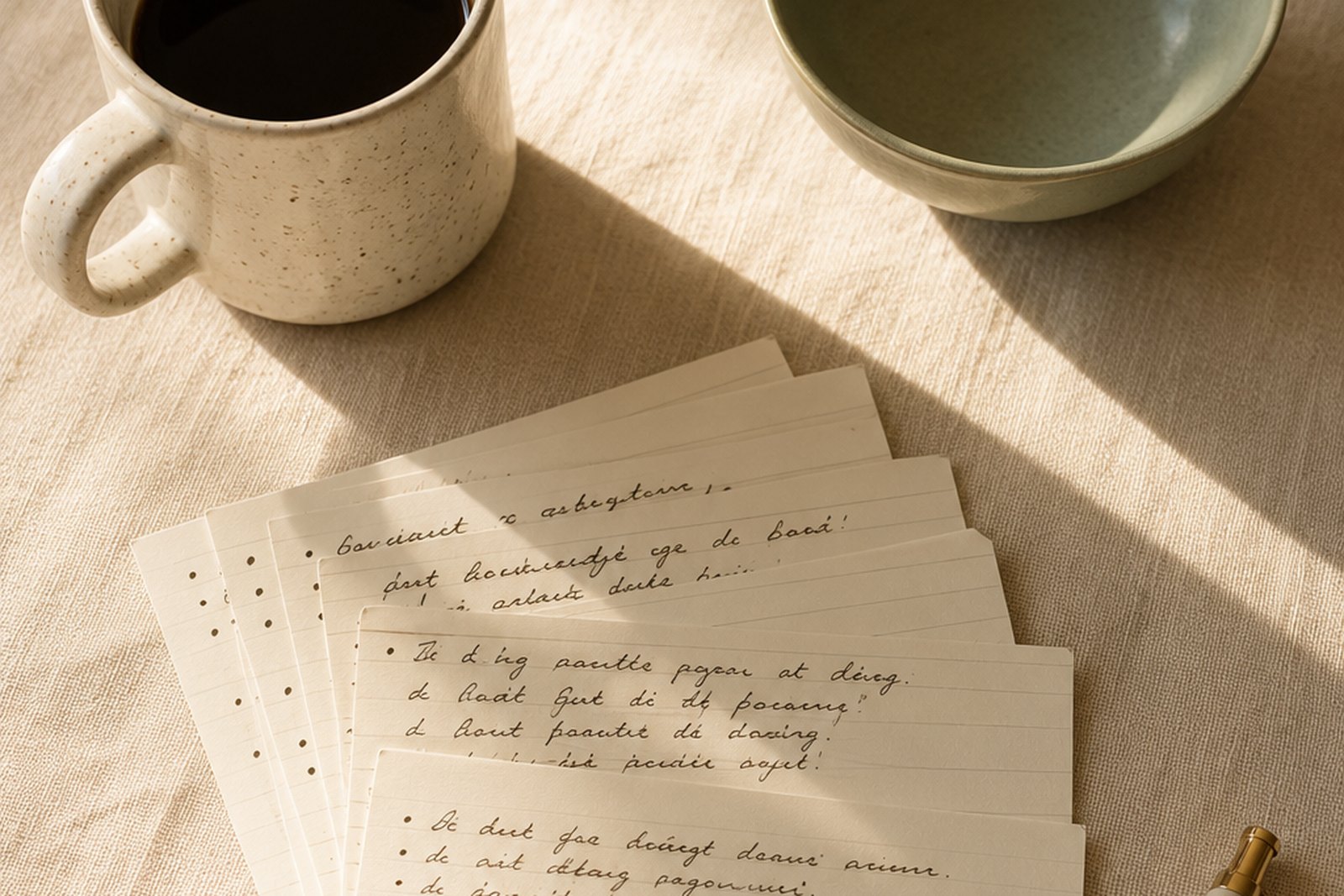 A row of handwritten index cards on a kitchen counter, each one laying out a day of eating.