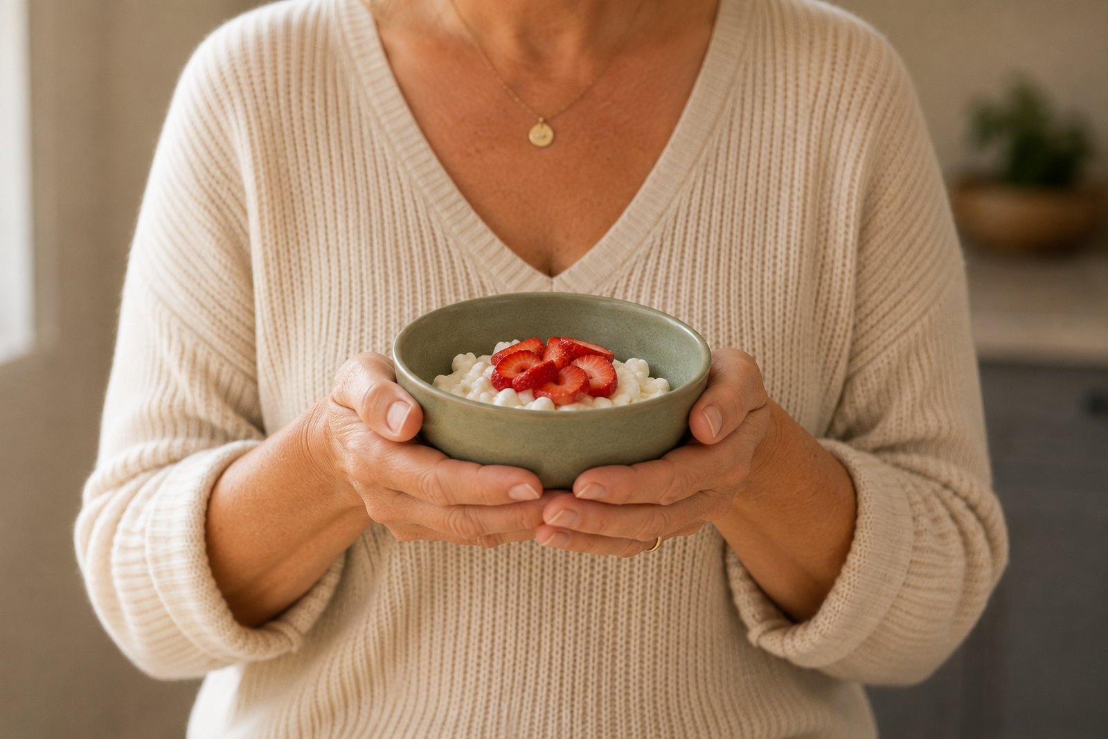 Two hands holding a small ceramic bowl at a kitchen counter.