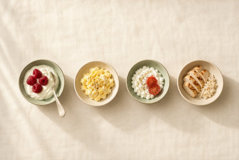 Four small bowls making up one day of eating