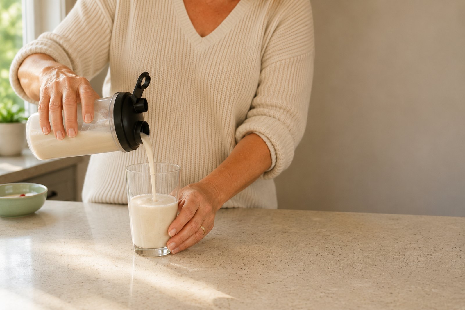 A protein shake being poured into a glass on a kitchen counter in morning light.