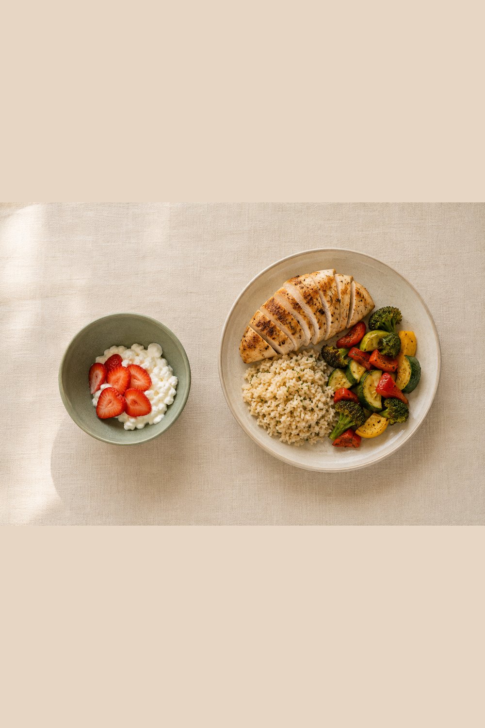 A full dinner plate beside a plate holding four bites of the same food.
