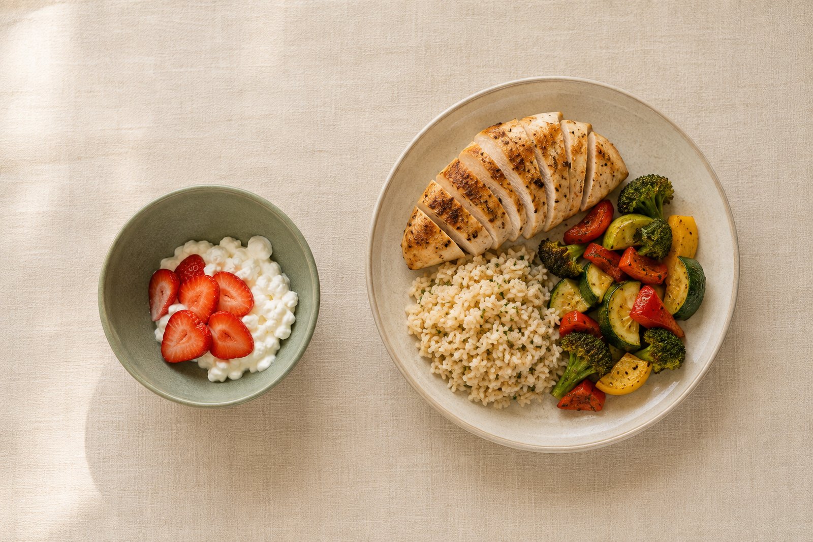 Two plates side by side on a table, one holding a full dinner and one holding a few bites of the same food.